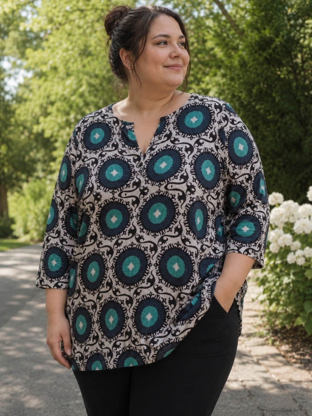KikiSol Blue Turquoise Medallion Print 3/4 Length Sleeves Tunic Top Size XL